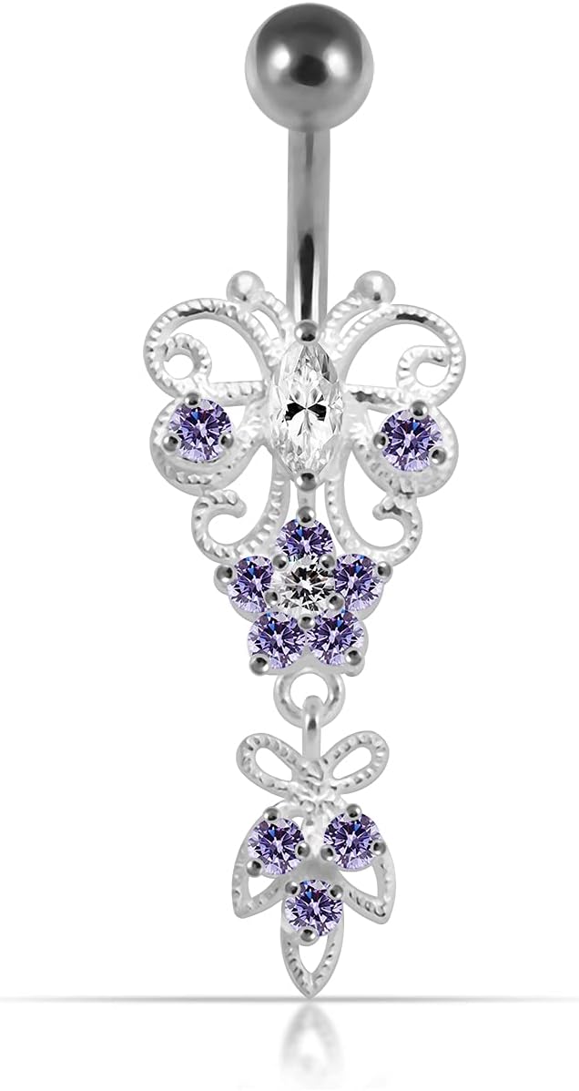 Filigree Butterfly Dangling Design 925 Sterling Silver with Stainless Steel Belly Ring - Belly Button jewelry - Navel jewelry