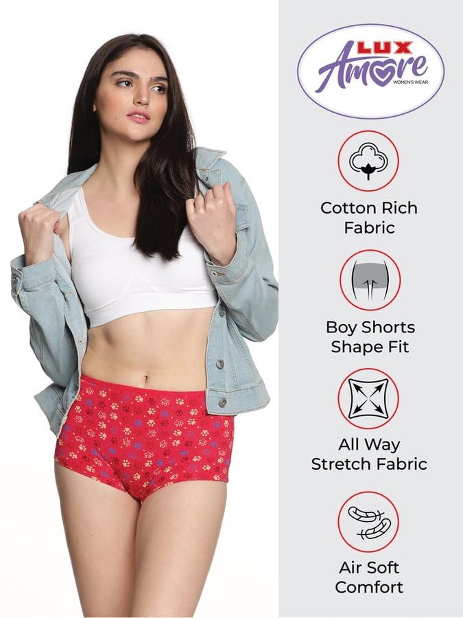 Image of Lux Amore Women's High Coverage Super Combed Cotton Elastane Stretch Mid Waist Boy Shorts with Concealed Waistband and StayFresh Treatment (Colors&Print May Vary)