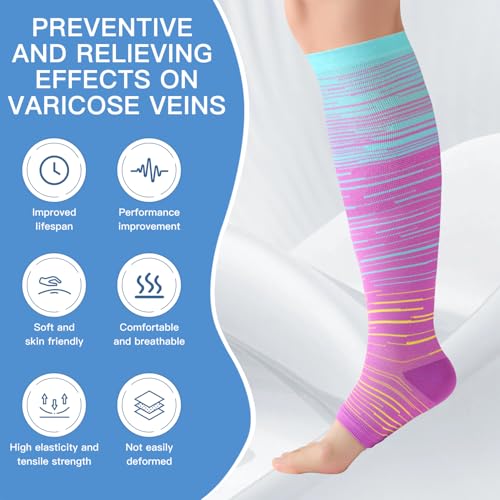 Image of Open Toe Compression Socks for Men & Women - 3 Pairs 15-20 mmhg Toeless Knee High Stockings for Circulation, Nursing, Running