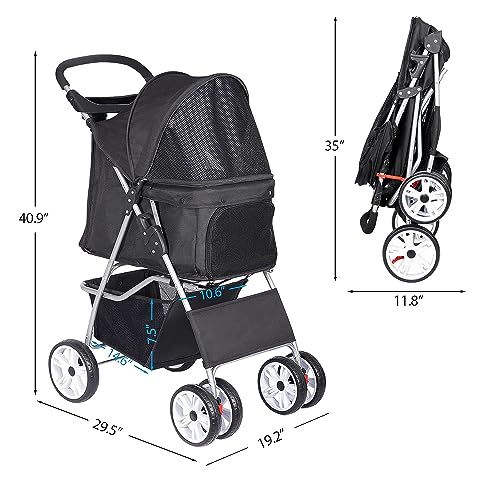 Zeny Foldable Pet Stroller, Cat/Dog Stroller With 4 Wheel, Pet Travel Carrier Strolling Cart With Storage Basket, Cup Holder, Black #TOP5