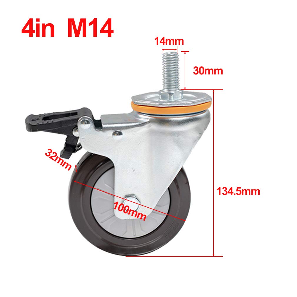Schwerlast-Lenkrollen 4X mit Bremse - M14/M16 Schwenkgewindestange, 344 kg Tragkraft, for Trolleys und Möbel(2 brake+2 No brake 4in-M14)