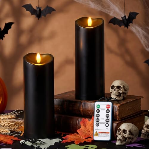 Image of Raycare 8 inchx3 inch Outdoor Waterproof Flameless Candles with Remote and Timer, Battery Operated LED Electric Fake Pillar Candle for Halloween Home Wedding Decor, Black, Set of 2