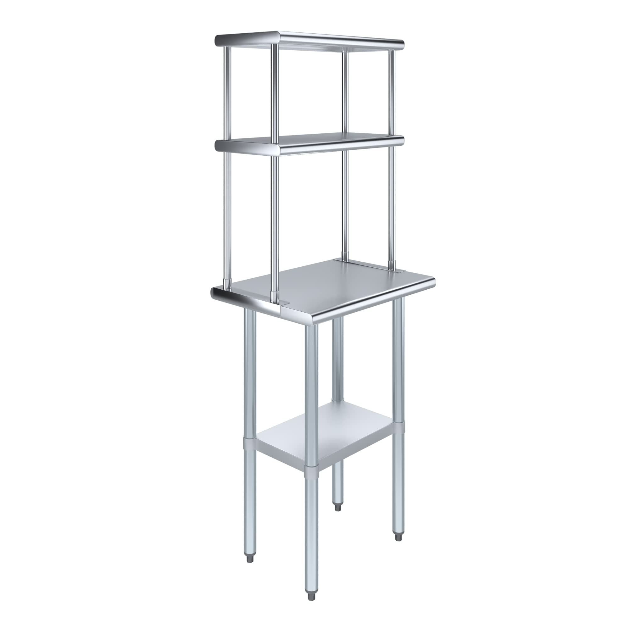 AmGood Stainless Steel Work Table with 12" Wide Double Tier Overshelf | NSF (Stainless Steel Table with Double Overshelves, 24" Long x 18" Deep)