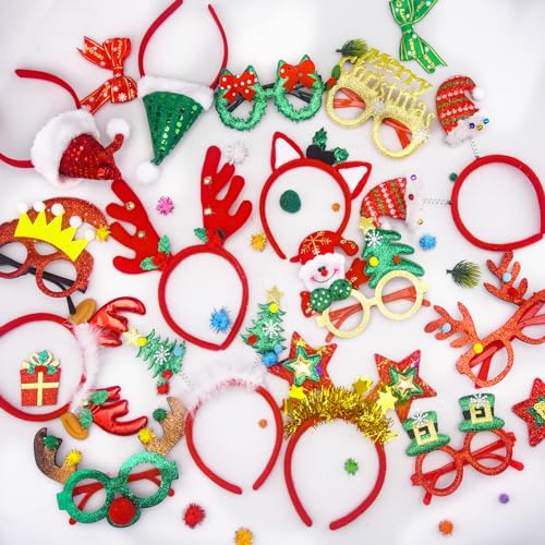 SIQUK 20 Stück Weihnachten Haarreifen Weihnachtsbrille Set, Weihnachten Stirnbänd Haarband Weihnachten Brille Rahmen Weihnachts Kopfschmuck Weihnachtsbaum für Weihnachs Party Kostüm