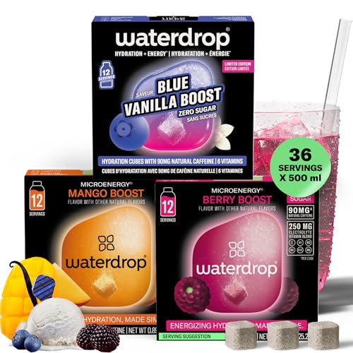 Waterdrop Microenergy Berry, Mango & Blue Vanilla Boost Mix – 36 Hydration Cubes with Natural Caffeine (90 mg/serving) - Sugar-Free, Vegan, Vitamin-Enriched Cubes - Energy Flavored Water Enhancer