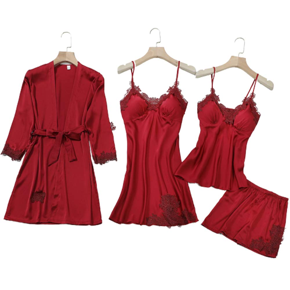 Dames Pyjama Set 4 PCS, Chemise de Nuit Home Wear Robe en Dentelle Sexy Women Sleeve Sleepwear