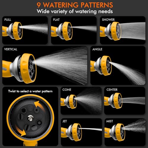 Image of RESTMO Hose Nozzle Heavy Duty, Metal Water Hose Sprayer for Garden | 9 Spray Patterns, High Pressure, Thumb Flow Control, On /Off Valve, Ideal for Outdoor Lawn & Plant, Car & Pet, Yellow