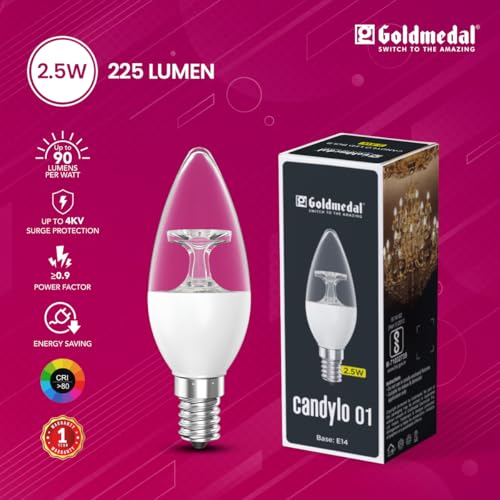 Image of Goldmedal Candylo 01 2.5W Candle Bulb Warm White(3000K) | Modern Design | Bulb Base E14 | for Chandeliers, Wall & Decorative Lights, Desk Lamps, Floor Lamps | 4Kv Surge Protection |