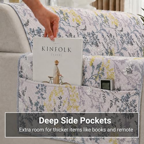 Image of STITCHNEST 'Frostvine Collection' 2 Seater Sofa Cover | Full Coverage with Armrest Pockets | Cotton Quilted Fabric, Decorative Tassels, Washable & Durable for Modern Living