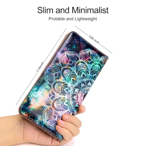 Image of Ultra Slim Thin Leather Women Wallet Rfid Blocking Credit Card Holder Bifold Clutch (Mandala in the Galaxy)