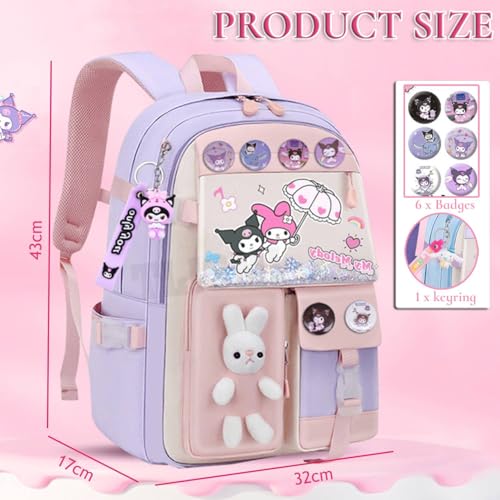 Image of Cute Pastel Contrasting Color Anime Cartoon School Backpack for Girls, Kawaii Large Capacity Bunny Bag, Lightweight Casual Travel Daypack Multi-Compartment Bookbag for Elementary School Kids