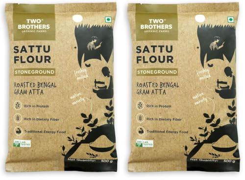 Image of Two Brothers Organic Farms Sattu Atta (500g) | Made Using Bengal Gram | Natural & Gluten Free Chana Sattu | High Protein Bengal Gram Flour | Sattu Drink Powder | Gram Powder (Pack of 2)