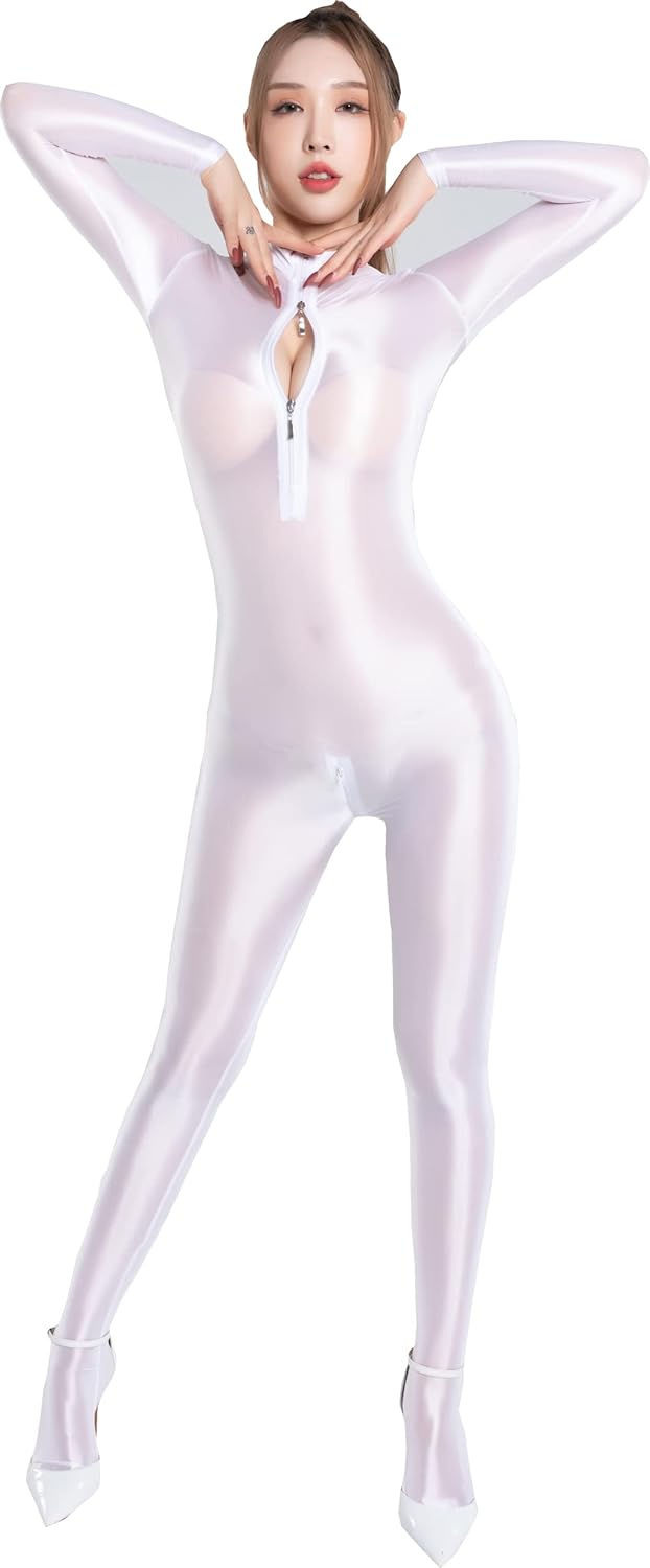 Women's Sheer Shiny Front Zipper Zentai Suit - High Elastic Full Body Catsuit for Yoga, Dance and Festival Outfit
