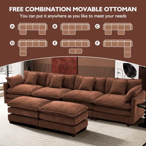Image of Ihanherry 146 inch U-Shaped Modern Sofa Modular Sectional Luxurious and Comfortable with 2 Ottoman, 6-Seat Chenille Deep Seat Sofa with 6 Pillows for Living Room, Bedroom and Apartment, Brick Red