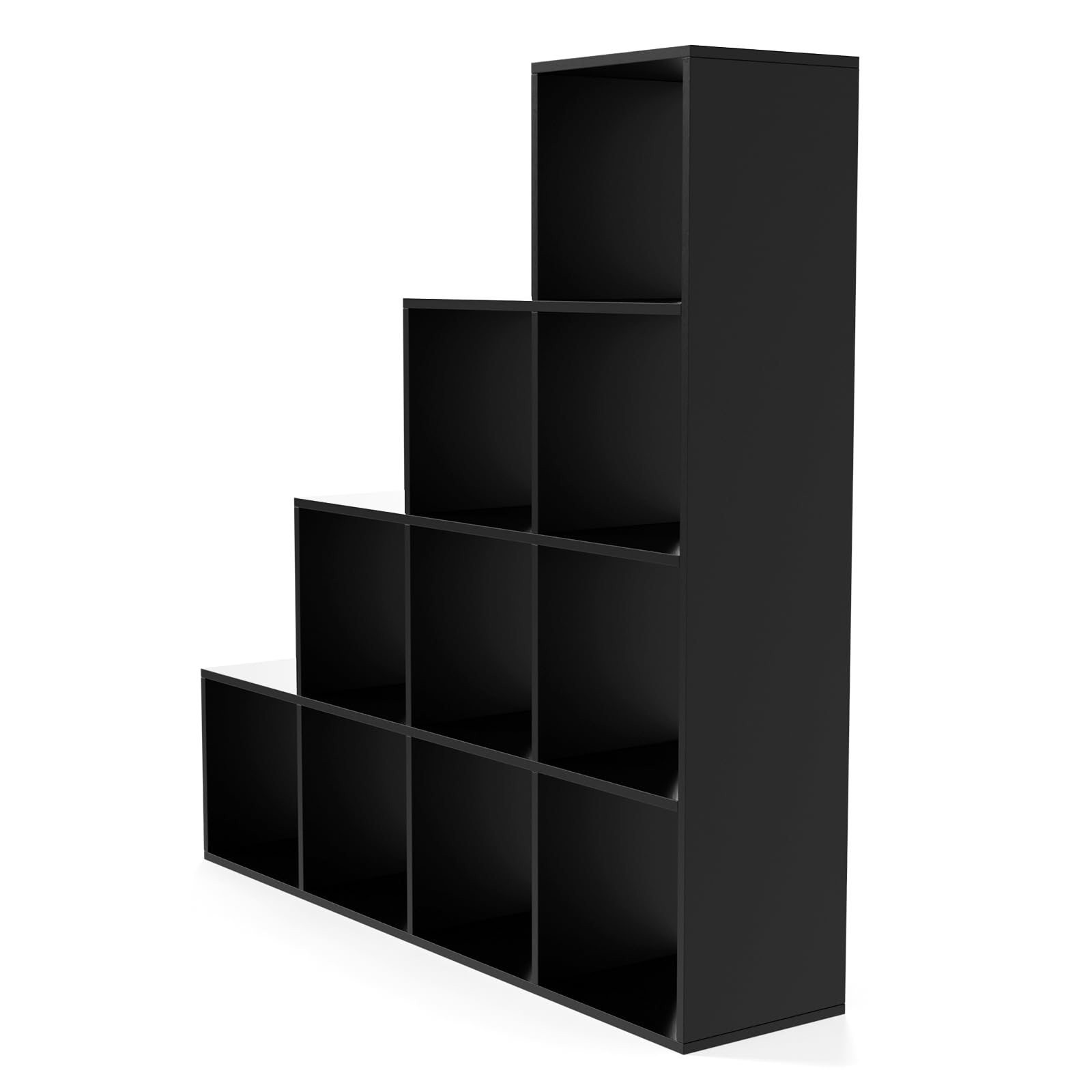 MIADOMODO® Treppenregal - Schwarz, 10 Fächer, 129,5x29x129,5 cm, für Wohnzimmer, Stabil, Offen, Freistehend, Indoor, aus MDF-Platte - Stufenregal, Raumteiler Regal, Bücherregal, Standregal