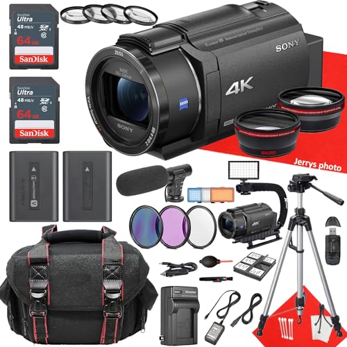Sony FDR-AX43 UHD 4K Handycam Camcorder + 2PC 64 GB Memory + Extra Battery + Filters + Shotgun Video Microphone + U-Grip Handle + More (29pc Bundle) (Renewed), Black