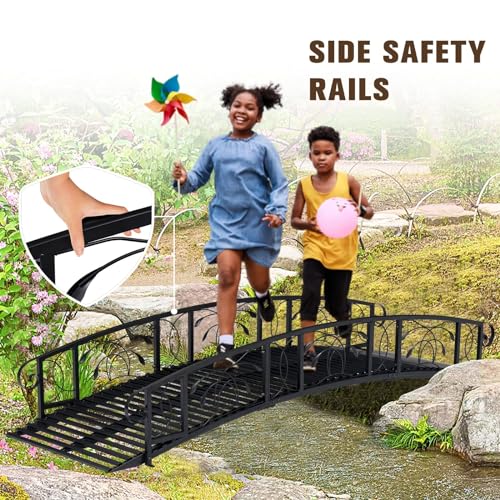 Kinsunny 8 Ft Metal Garden Bridge with 2 Safety Patterned Siderails Outdoor Decorative Iron Garden Arch Footbridge for Pond, Creek, Stream(Black)