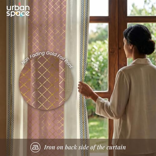 Image of Urban Space 100% Cotton Curtains with Gold Foil Print | Upto 60% Light Blocking Window Curtain 5 feet I Set of 2 Decorative Curtains with Eyelets and Tieback (Zari Jaal Dusty Pink Gold - 5 feet)