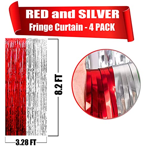 Image of 4 Pack Silver Red Foil Fringe Curtain Backdrop, 3.28Ft x 8.2Ft Metallic Tinsel Foil Fringe Streamers Curtains for Photo Booth, Wedding, Circus Welcome Carnival Birthday Party Decoration