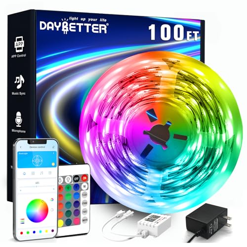 DAYBETTER LED Strip Lights 100ft RGB Lights Strip for Bedroom, Desk, Indoor Room Living Room Brithday Gifts Home Decor with Remote, 24V Power Supply