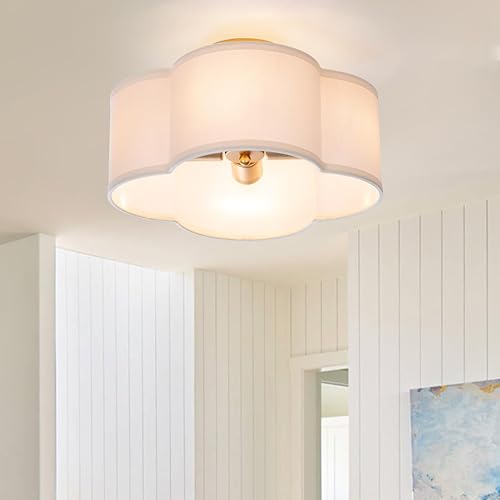 Modern Flush Mount Ceiling Light Fixture Farmhouse White Fabric Semi Ceiling Lamps with Gold 4 Lights Drum Shade for Bedroom Dining Room Entryway Hallway Nursery