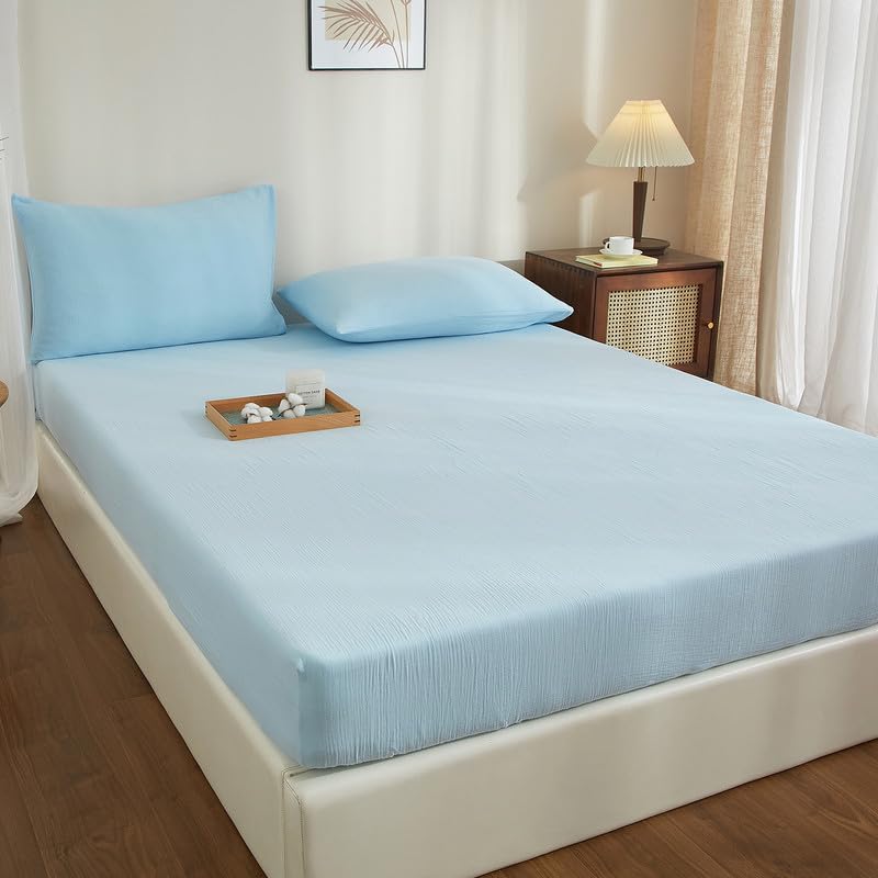 Gezu Musselin Spannbettlaken 90 x 200 cm, 100 % Baumwolle, hellblau, einfarbig, Bettlaken, Baumwollgaze, Spannbettlaken, atmungsaktiv, für dicke Matratzen, hypoallergen, bügelfrei, elastischer Saum