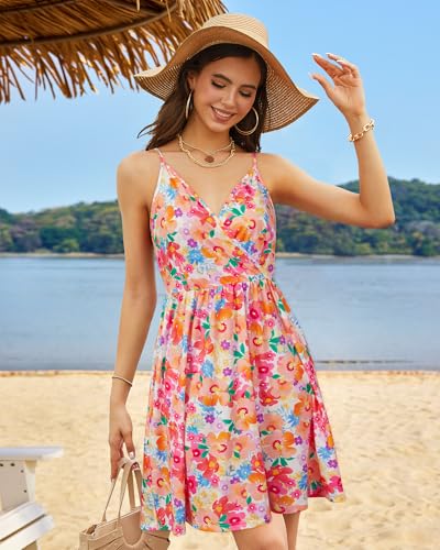 Image of STYLEWORD Womens Sundress Summer Floral Wrap V Neck Backless A-Line Casual Beach Midi Dress