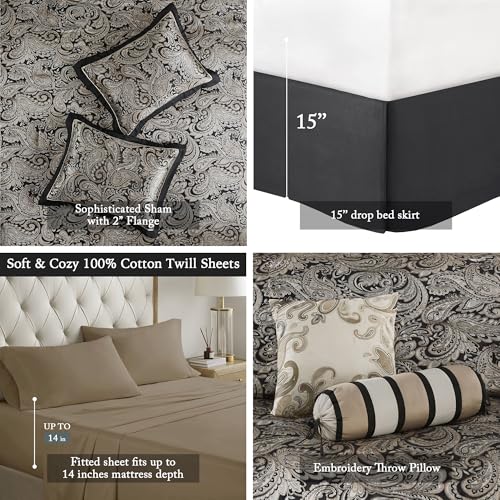 Image of Madison Park Aubrey Cozy Comforter Set, Faux Silk Jacquard Paisley Design - All Season Down Alternative Bedding with Cotton Bed Sheets, Bed Skirt & Toss Pillows, California King Black 12 Piece