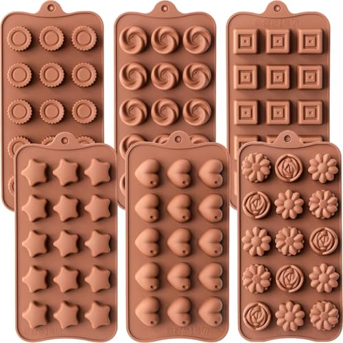 Silicone Candy Molds 6-Pack, Non-Stick Baking Molds for Chocolate, Jelly, Truffles - Assorted Shapes: Flower, Heart, Star, Round, Square - Food Grade & Dishwasher Safe(Classic Style)