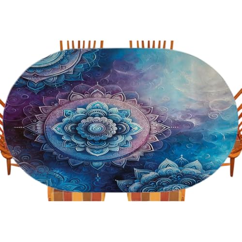 Mantel ovalado púrpura, mandala mística lirios de agua Victoria flotando en estanque mágico oscuro estampado arte, comedor interior y uso del festival de terraza al aire libre, se adapta a una mesa de