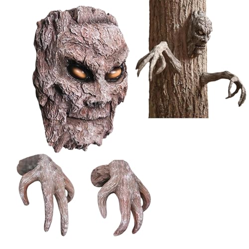 Ornamenti di Halloween a corteccia d'albero, decorazione per esterni, scultura per viso di albero, decorazioni pasquali decorazioni per esterni, decorazione per albero con mano, corteccia creativa di