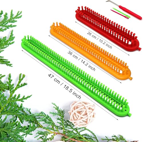 Image of Katech 3 pcs Rectangle Knitting Looms Set Dense Pegs Loom Knitter Different Sizes Colorful Plastic Weaving Looms Set DIY Yarn Weaving Kits with a Crochet Hook and Needle (Color is Random)