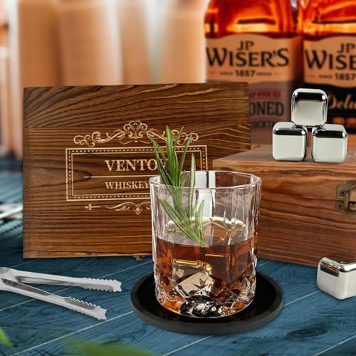 Image of Whiskey Stones and Whiskey Glass Gift Boxed Set, 4 Chilling Whisky Stones,1 Glasses in Wooden Box, Great Gift for Father's Day, Dad's Birthday or Anytime for Dad