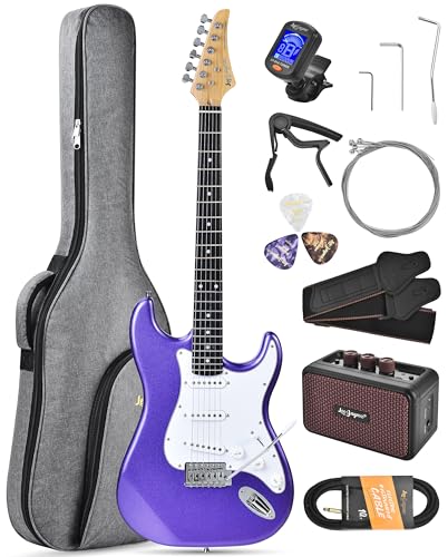 Leo Jaymz Beginner Electric Guitar 39 Kit with Portable Amplifier Padded Gig Bag Digital TunerCapoStrapPicksClassic SSS Pickups(Purple-SSS)