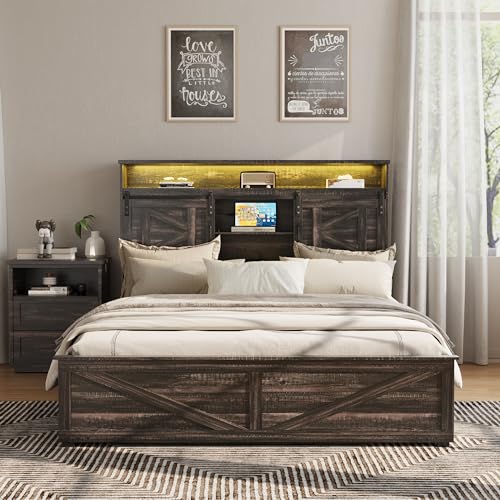 Fameill Farmhouse Queen Size Bed Frame With 4 Drawers And Bookcase Headboard, Sliding Barn Door Storage Shelves, Led Lights And Charging Station, No Box Spring Needed, Dark Rustic Oak thumb #2