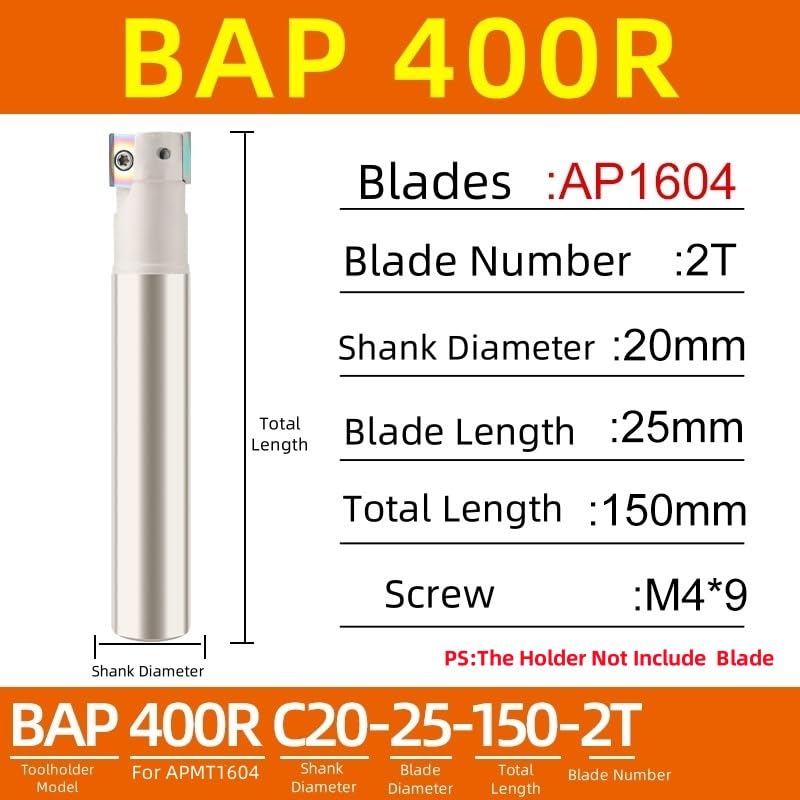 1pc BAP400R CNC Mill Cutter Arbor APMT1604 APKT1604 Carbide Inserts Right Angle Shoulder Lathe Indexable Milling Cutting Tool Holder(no Insert)(400R C20-25-150-2T)