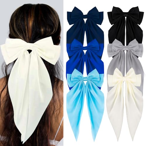 Silky Satin Hair Bows, Oversized Long Tail Bows with Barrette Clips, Coquette Hair Accessories for Women and Girls (Black-N Blue- R Grey -L Beige)