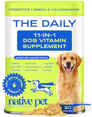 Native Pet The Daily Dog Vitamins & Supplements - 11-in-1 Multivitamin Powder for Dogs - Supports Whole Body Health, Digestion, Mobility & Immunity with Collagen, Glucosamine & Probiotics – 30 Scoops