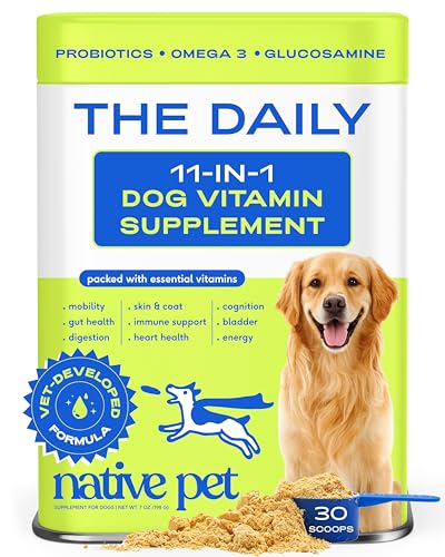 Native Pet The Daily Dog Vitamins & Supplements - 11-in-1 Multivitamin Powder for Dogs - Supports Whole Body Health, Digestion, Mobility & Immunity with Collagen, Glucosamine & Probiotics – 30 Scoops