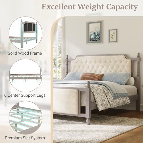 Merax King Size Upholstered Platform Bed with Button Tufted Headboard,Solid Wood Farmhouse Bed with Velvet Headboard and Footboard,No Box Spring Needed,Modern French Country Style for Bedroom,Taupe by Merax - Used condition - Image 6