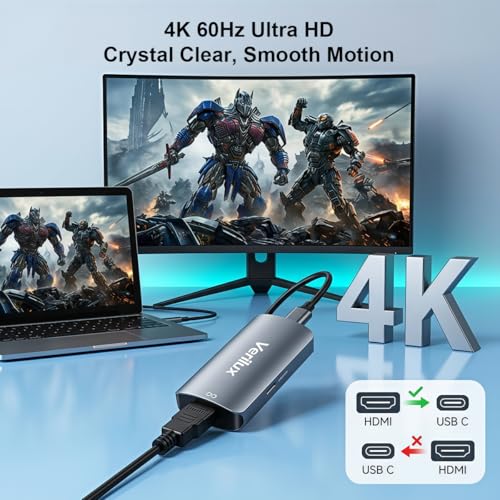 Image of Verilux Type C to HDMI Adapter, 4K@60Hz USB C Female to HDMI Female Adapter with HDR, Plug & Play Video for RayNeo, XREA-L Air, Rokid Air, Thunderbird AR, Switch Base, Steam Deck Base, PS4, PS5