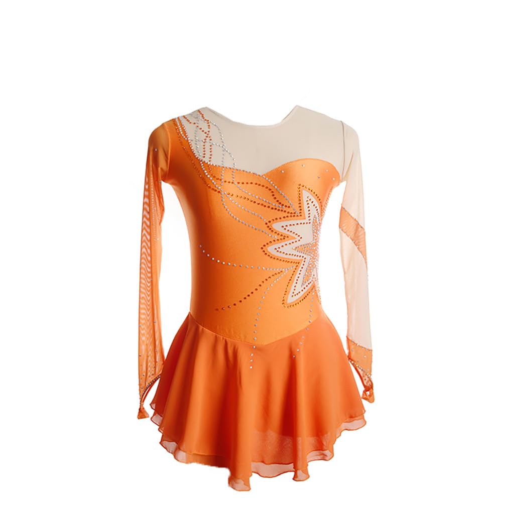 Women Ice Skating Dress Leotard Girls Vibrant Style Rhinestone Figure Skating Ballet Performance Competition Costume (Orange,3X-Large)