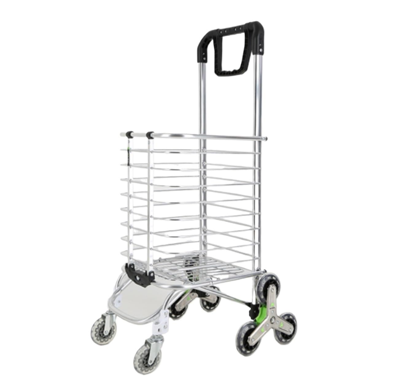 Chariot d'achat pliant en argent de 105 x 40 cm avec roues monte-escalier