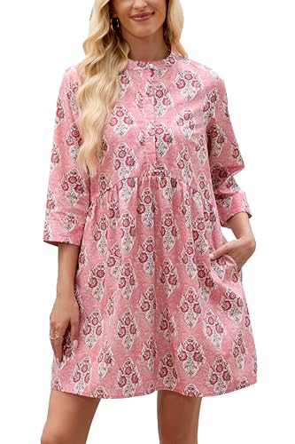 Floral Dress for Women 3/4 Sleeve Button Up Shift Boho Mini Tunic Cotton Shirt Dresses with Pockets