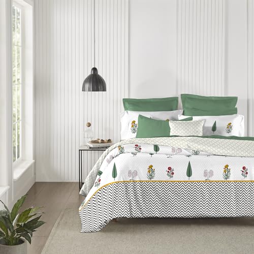 Image of Trident King Size Bedsheet Cotton | Road To Jaipur Collection | 100% Cotton Bedsheet For Double Bed Cotton 1 King Size Bedsheet With 2 Pillow Covers Super Soft 210 Thread Count-Innayat Green, 210 tc