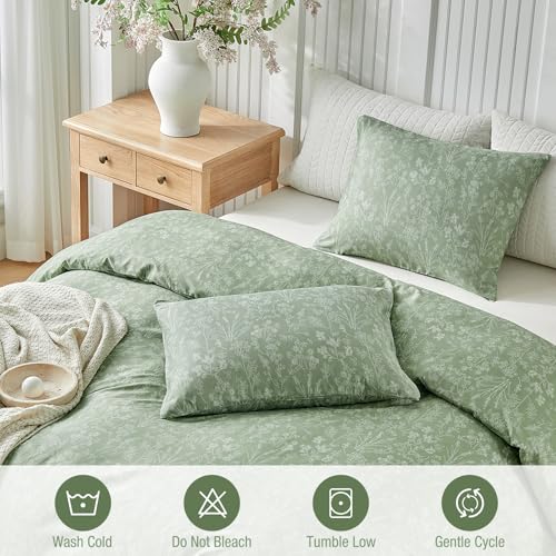 Image of Lekesky King Size Duvet Cover Set, White Floral Pattern King Size Duvet Cover, 3 Piece Green Comforter Cover with Zipper, Ultra Soft Microfiber Bedding Set with 2 Pillowcases