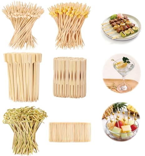 Csydxbbe 500PCS Cocktail Picks Kit 6 Styles Fancy Toothpicks 4 Sizes Natural Bamboo toothpicks for appetizersMartini Olive and Party Use