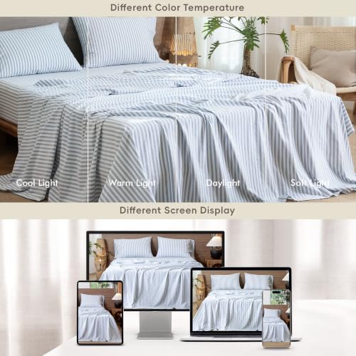 Image of MooMee Striped Sheet Set 100% Washed Cotton Linen Like Queen | Relaxed Linen-like Texture. Soft, Breathable & Lightweight Comfort. 15-19 inch Extra Deep Pocket with All-around Elastic