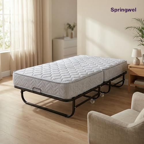 Image of Springwel Ultimate Rollaway Folding Metal Single Bed | 6 - Inch Foldable Mattress for Extra Comfort | Lockable Wheels | 190x90 cm | Black