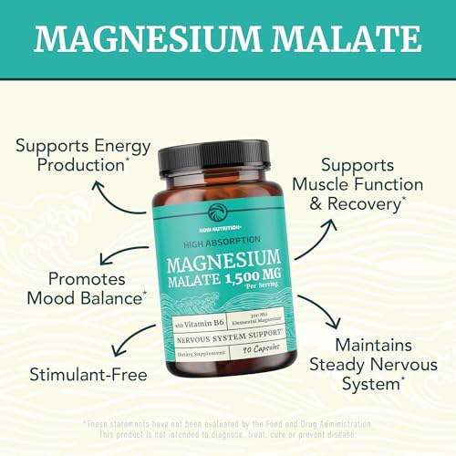 Image of Magnesium Malate 1500MG | Energy & Nervous System Support | 300MG Elemental Mag Per Serving | High Absorption Magnesium Malate Capsules with VIT B6 + Black Pepper | Non-GMO | 90 Ct (1 Month Supply)